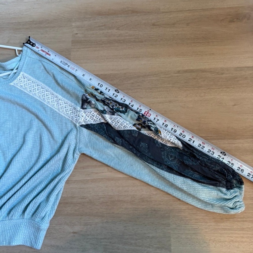 Free People Mixed Media Thermal Balloon Sleeve Top Mint Green Floral‎ Lace Boho - Picture 3 of 11
